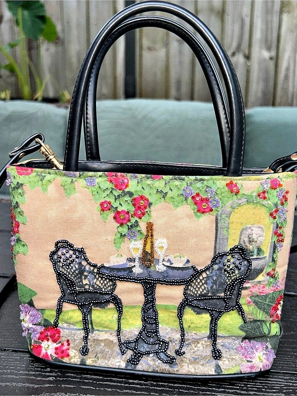 BUENO Beaded Bistro Garden Canvas Satchel Crossbody Purse Handbag